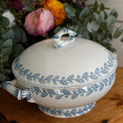 1920s CHENE Motif Sarreguemines U&C French Antique Ironstone Blue Transferware Small Soup Tureen "Soupiere" Terre de Fer en faience