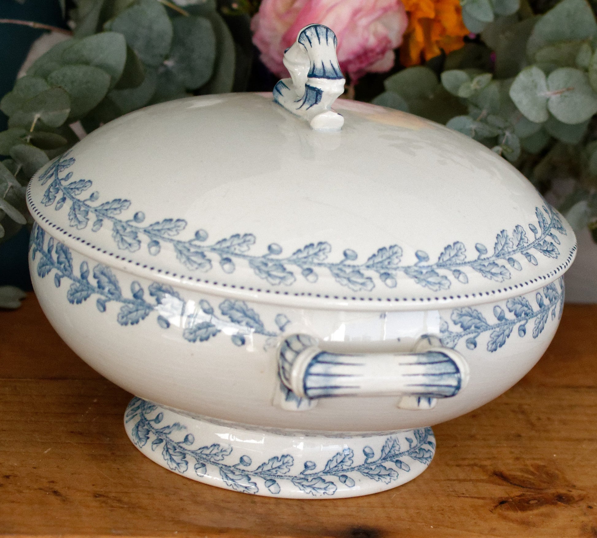 1920s CHENE Motif Sarreguemines U&C French Antique Ironstone Blue Transferware Small Soup Tureen "Soupiere" Terre de Fer en faience