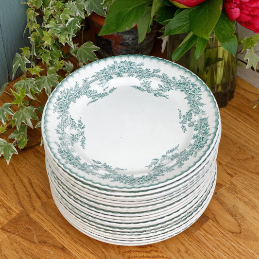 French Antique Ironstone COPPELIA Motif Faiencerie D'Onnaing Nord Green Transferware Plate Terre de Fer