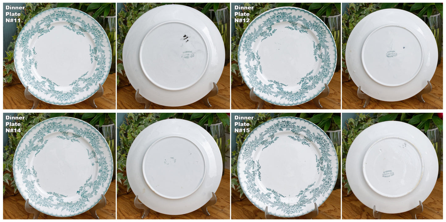 French Antique Ironsonte COPPELIA Motif Faiencerie D'Onnaing Nord Green Transferware Plate Terre de Fer