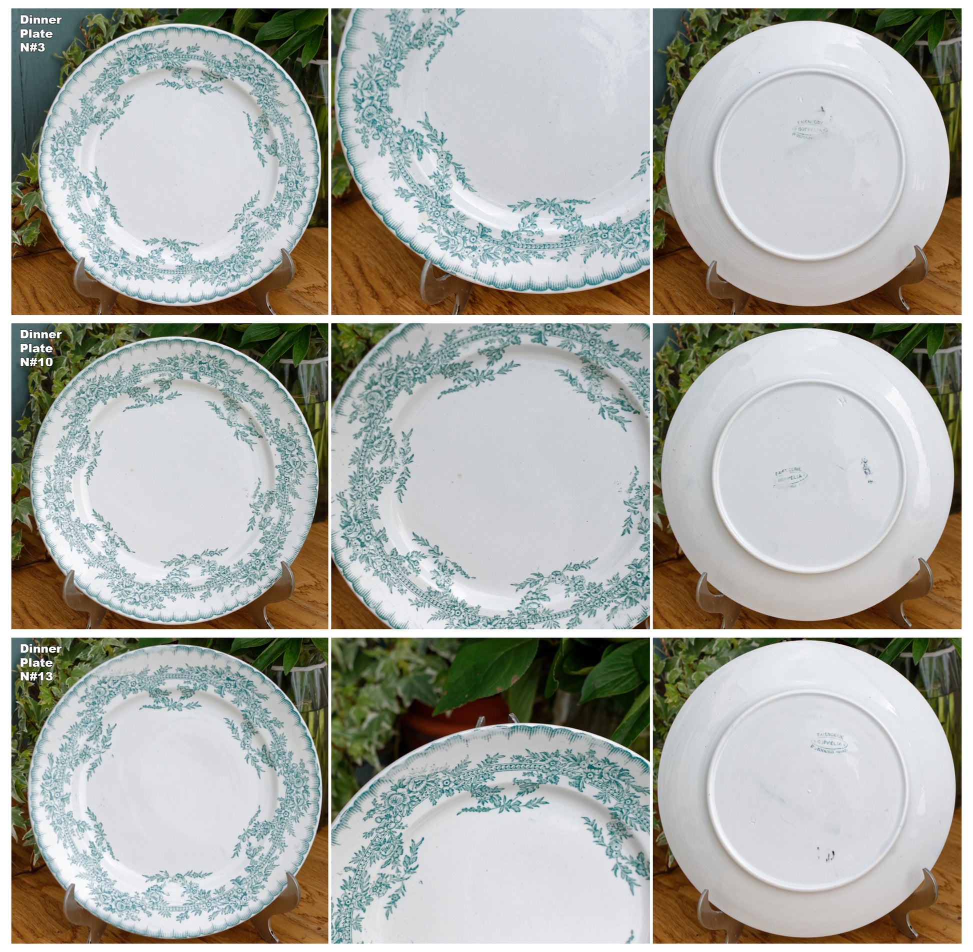 French Antique Ironsonte COPPELIA Motif Faiencerie D'Onnaing Nord Green Transferware Plate Terre de Fer