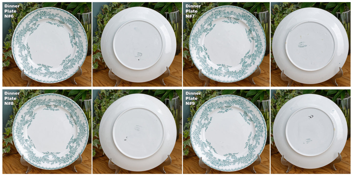 French Antique Ironsonte COPPELIA Motif Faiencerie D'Onnaing Nord Green Transferware Plate Terre de Fer