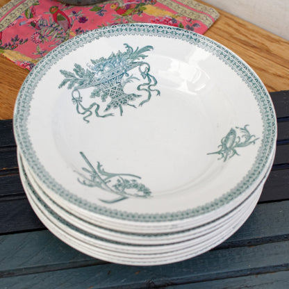 Carlos MérovinGien Faiencerie FF (Fenal Frères) PEXONNE French Antique Ironstone Green Transferware Soup Plate Terre de Fer