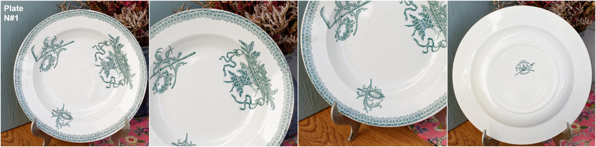 Carlos MérovinGien Faiencerie FF (Fenal Frères) PEXONNE French Antique Ironstone Green Transferware Soup Plate Terre de Fer