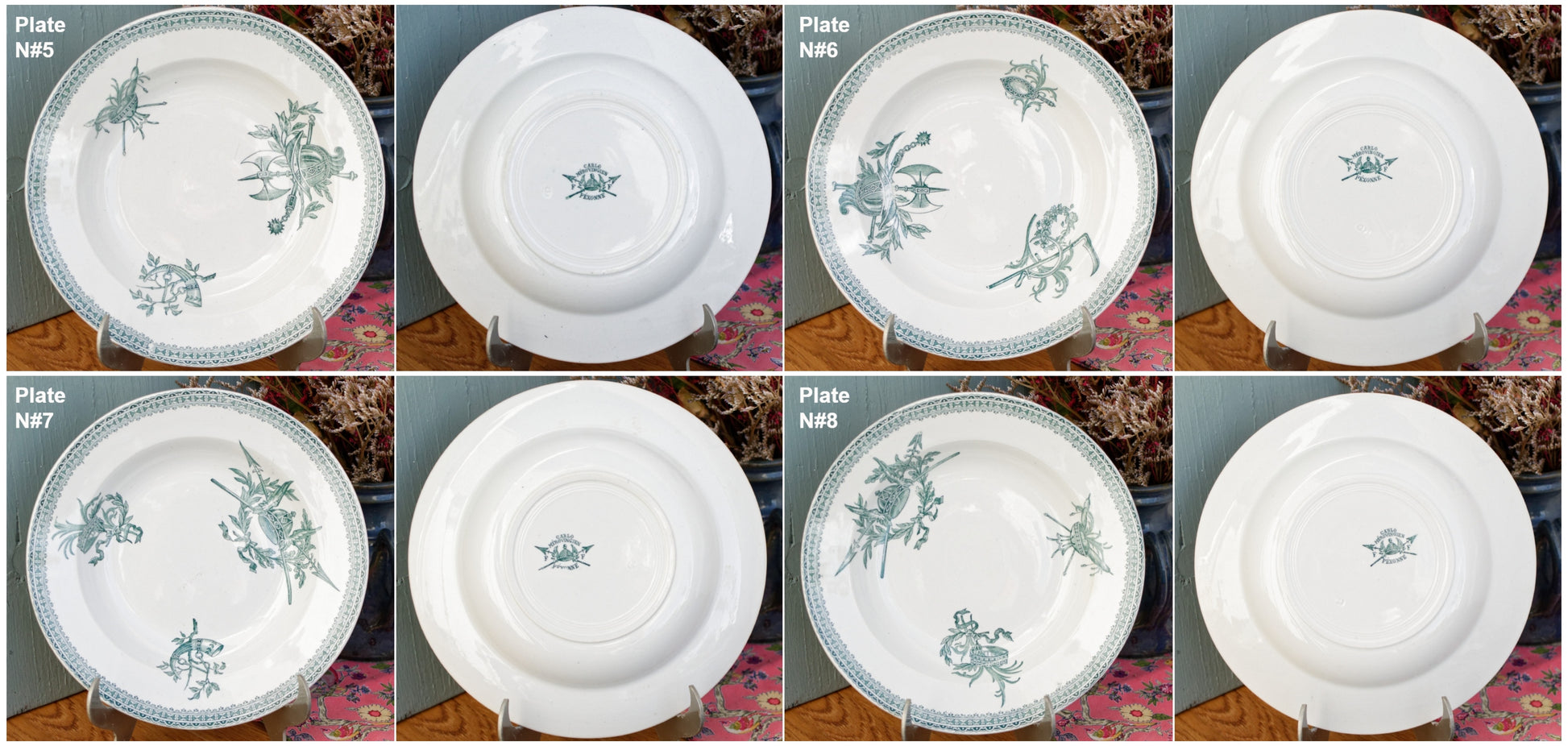 Carlos MérovinGien Faiencerie FF (Fenal Frères) PEXONNE French Antique Ironstone Green Transferware Soup Plate Terre de Fer