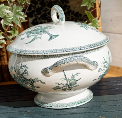 Carlos MérovinGien Faiencerie FF (Fenal Frères) PEXONNE French Antique Ironstone Green Transferware Soup Tureen Soupiere Terre de Fer en Faience