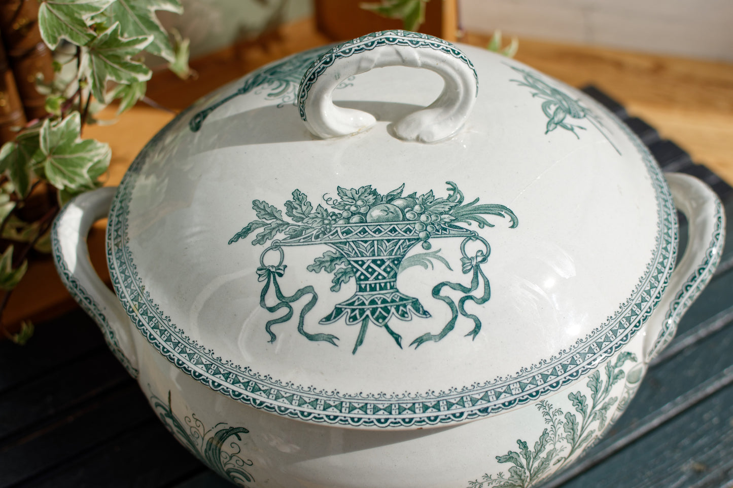 Carlos MérovinGien Faiencerie FF (Fenal Frères) PEXONNE French Antique Ironstone Green Transferware Soup Tureen Soupiere Terre de Fer en Faience