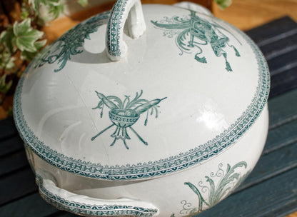 Carlos MérovinGien Faiencerie FF (Fenal Frères) PEXONNE French Antique Ironstone Green Transferware Soup Tureen Soupiere Terre de Fer en Faience