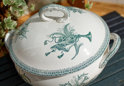 Carlos MérovinGien Faiencerie FF (Fenal Frères) PEXONNE French Antique Ironstone Green Transferware Soup Tureen Soupiere Terre de Fer en Faience