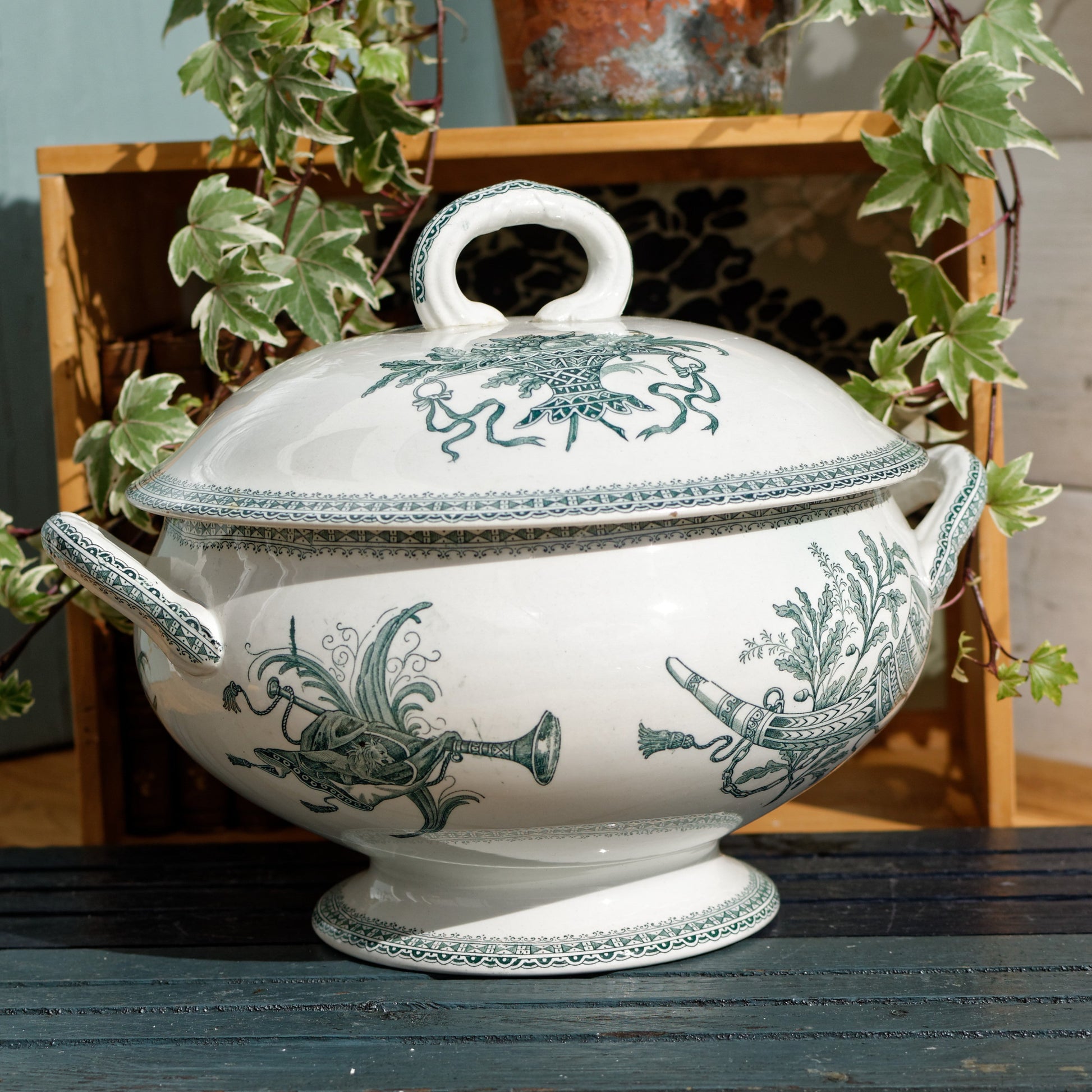 Carlos MérovinGien Faiencerie FF (Fenal Frères) PEXONNE French Antique Ironstone Green Transferware Soup Tureen Soupiere Terre de Fer en Faience