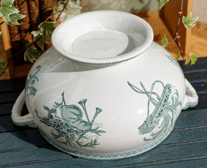 Carlos MérovinGien Faiencerie FF (Fenal Frères) PEXONNE French Antique Ironstone Green Transferware Soup Tureen Soupiere Terre de Fer en Faience