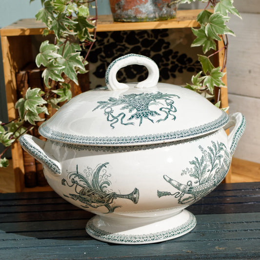 Carlos MérovinGien Faiencerie FF (Fenal Frères) PEXONNE French Antique Ironstone Green Transferware Soup Tureen Soupiere Terre de Fer en Faience