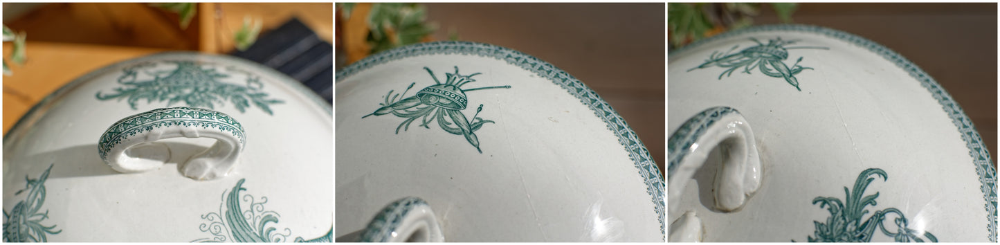 Carlos MérovinGien Faiencerie FF (Fenal Frères) PEXONNE French Antique Ironstone Green Transferware Soup Tureen Soupiere Terre de Fer en Faience