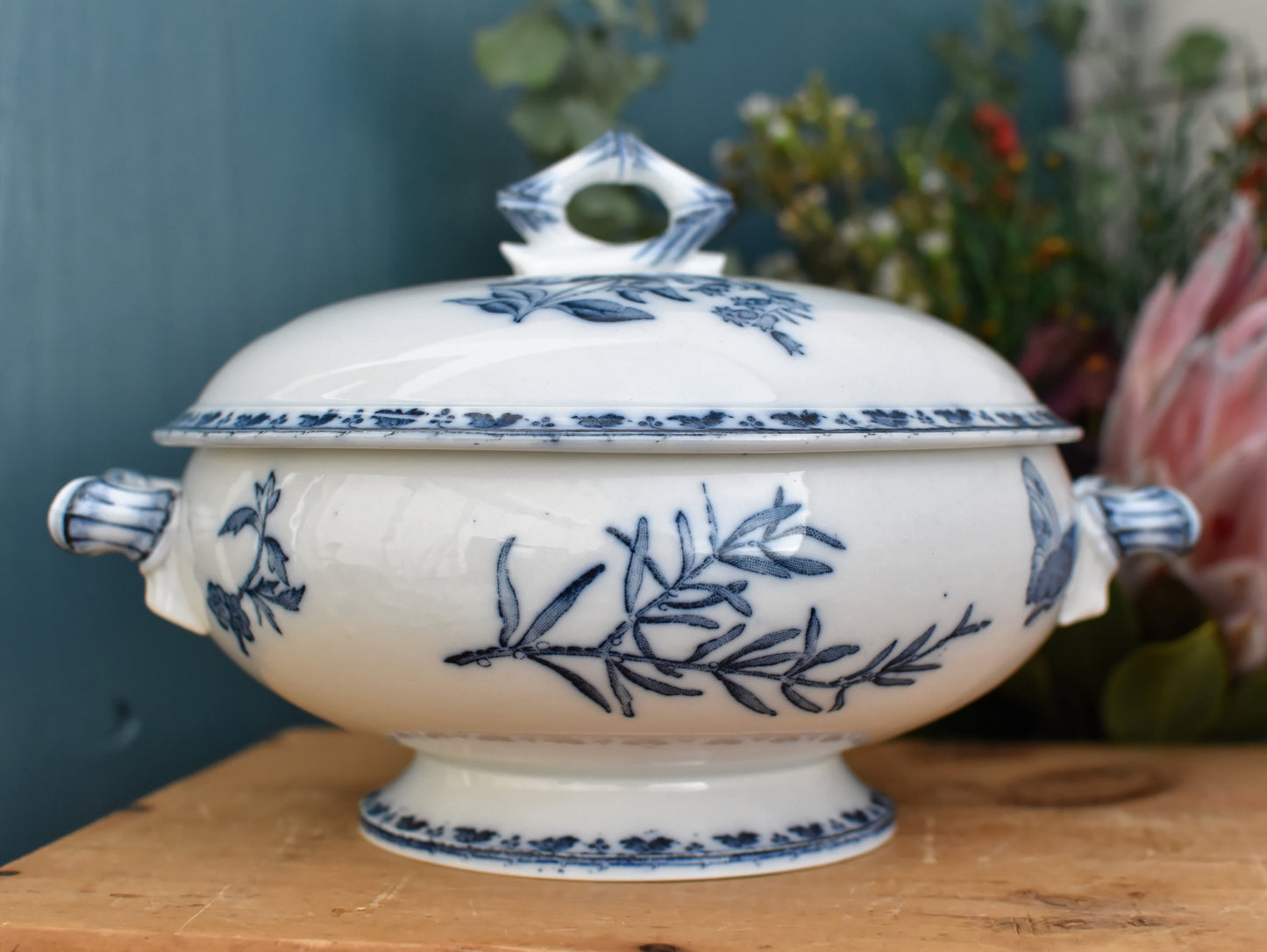 CARMEN Sarreguemines U&C French Antique Ironstone Blue Transferware Soup Tureen Soupiere Terre de Fer Faience