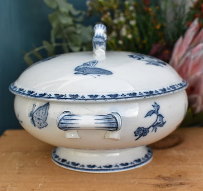 CARMEN Sarreguemines U&C French Antique Ironstone Blue Transferware Soup Tureen Soupiere Terre de Fer Faience