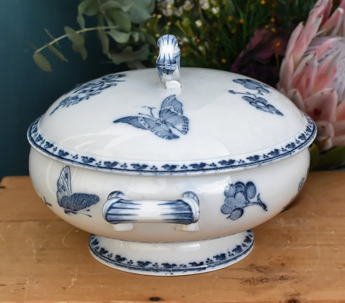 CARMEN Sarreguemines U&C French Antique Ironstone Blue Transferware Soup Tureen Soupiere Terre de Fer Faience