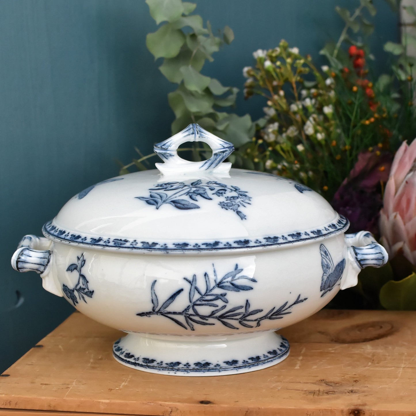 CARMEN Sarreguemines U&C French Antique Ironstone Blue Transferware Soup Tureen Soupiere Terre de Fer Faience