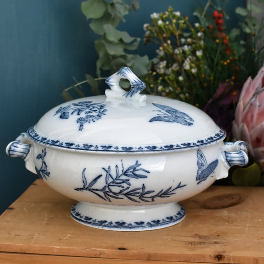 CARMEN Sarreguemines U&C French Antique Ironstone Blue Transferware Soup Tureen Soupiere Terre de Fer Faience