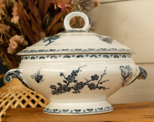 CARMEN Sarreguemines U&C French Antique Ironstone Blue Transferware Small Soup Tureen Soupiere Terre de Fer Faience