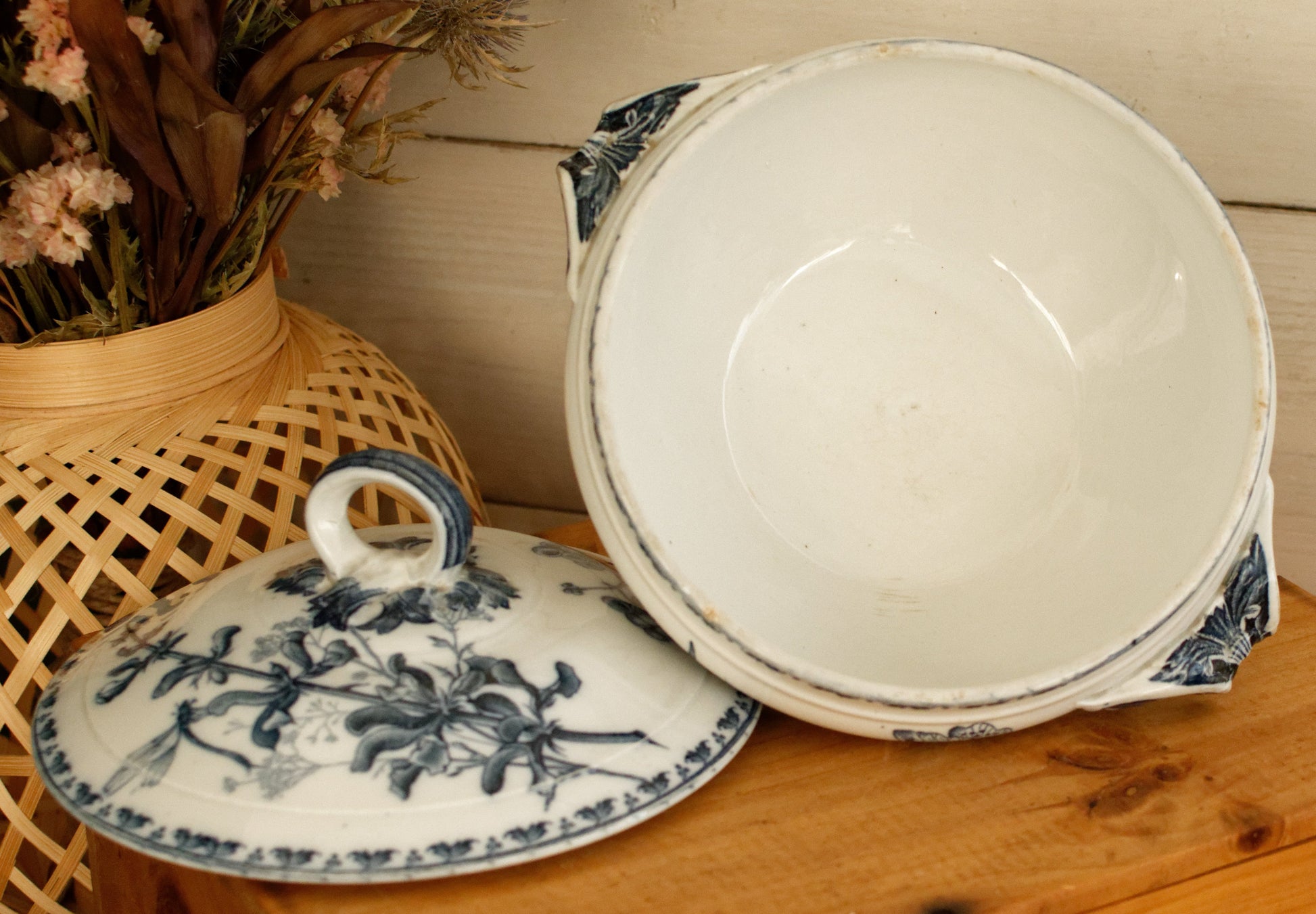CARMEN Sarreguemines U&C French Antique Ironstone Blue Transferware Small Soup Tureen Soupiere Terre de Fer Faience