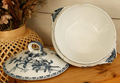 CARMEN Sarreguemines U&C French Antique Ironstone Blue Transferware Small Soup Tureen Soupiere Terre de Fer Faience