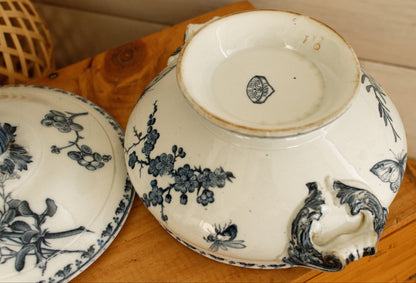 CARMEN Sarreguemines U&C French Antique Ironstone Blue Transferware Small Soup Tureen Soupiere Terre de Fer Faience