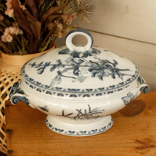 CARMEN Sarreguemines U&C French Antique Ironstone Blue Transferware Small Soup Tureen Soupiere Terre de Fer Faience
