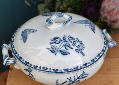 CARMEN Sarreguemines U&C French Antique Ironstone Blue Transferware Soup Tureen Soupiere Terre de Fer Faience