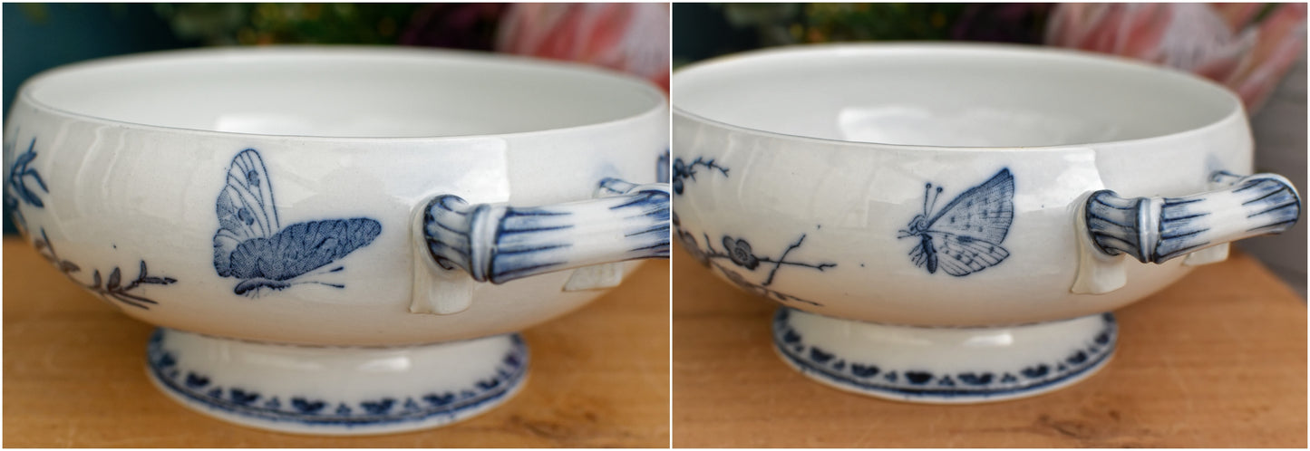 CARMEN Sarreguemines U&C French Antique Ironstone Blue Transferware Soup Tureen Soupiere Terre de Fer Faience