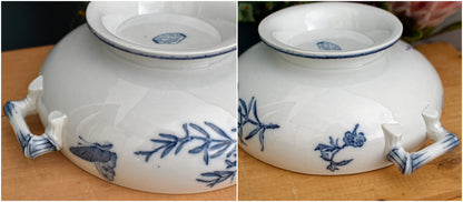 CARMEN Sarreguemines U&C French Antique Ironstone Blue Transferware Soup Tureen Soupiere Terre de Fer Faience