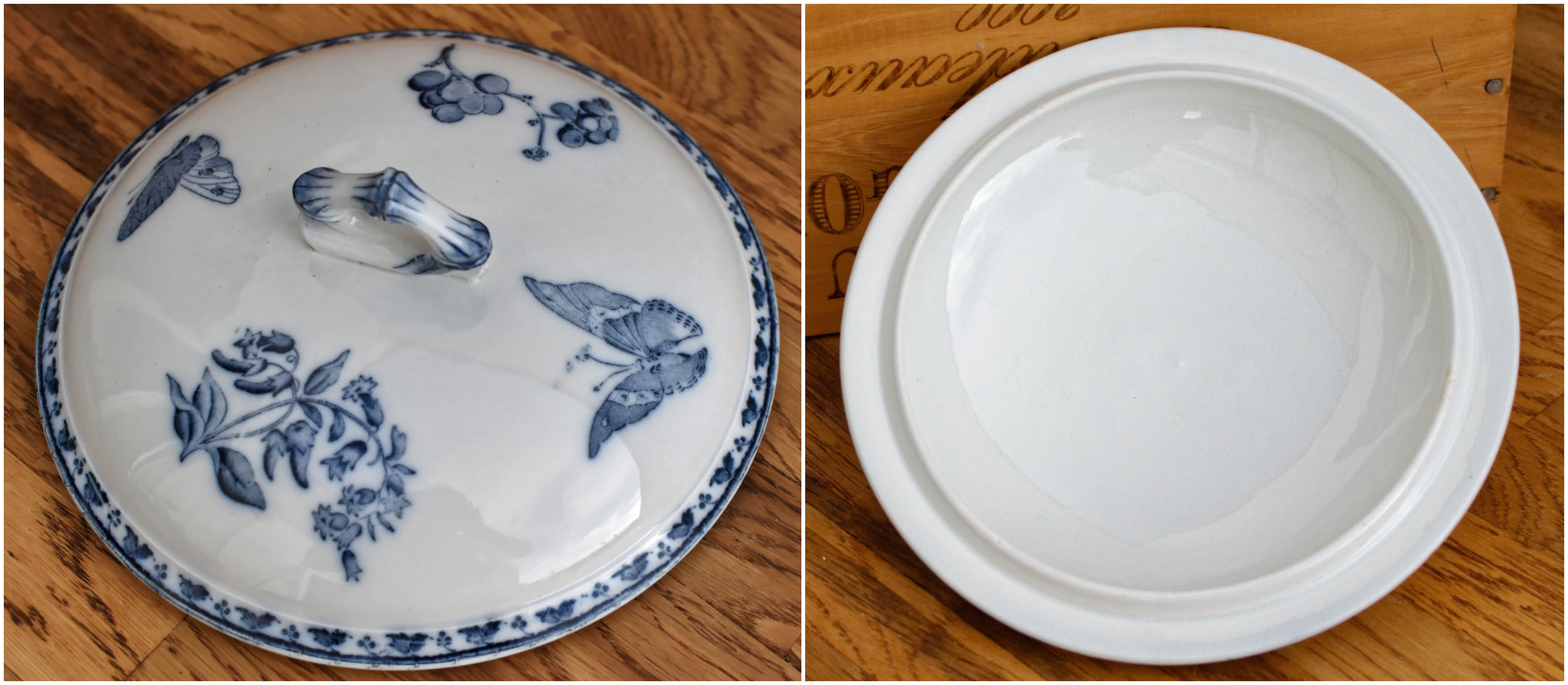 CARMEN Sarreguemines U&C French Antique Ironstone Blue Transferware Soup Tureen Soupiere Terre de Fer Faience