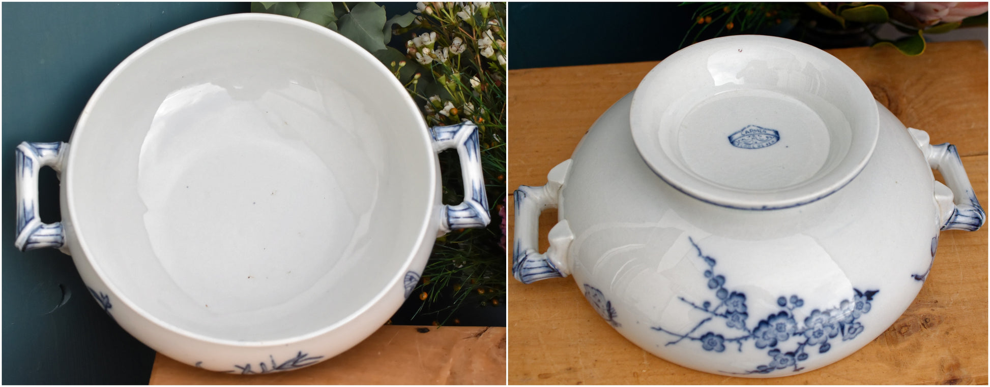 CARMEN Sarreguemines U&C French Antique Ironstone Blue Transferware Soup Tureen Soupiere Terre de Fer Faience