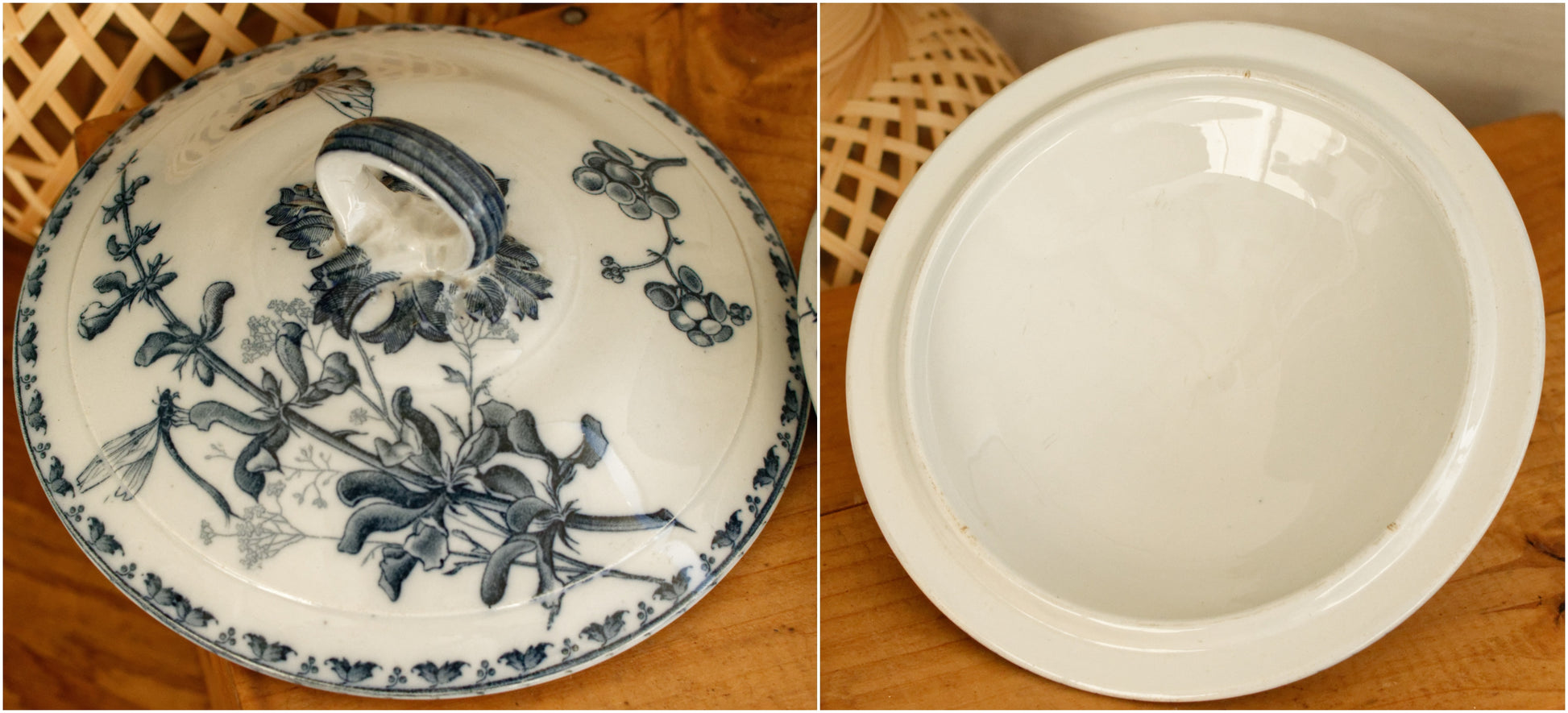 CARMEN Sarreguemines U&C French Antique Ironstone Blue Transferware Small Soup Tureen Soupiere Terre de Fer Faience