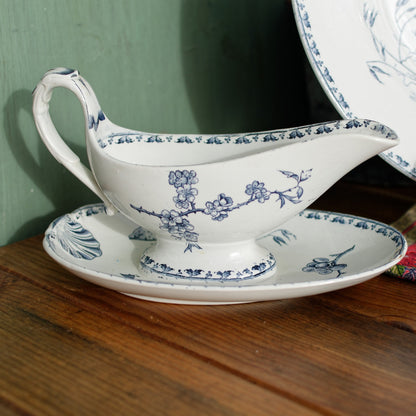 French Ironstone Blue Transferware Gravy Boat Sauciere Carmen Sarreguemines Terre de Fer