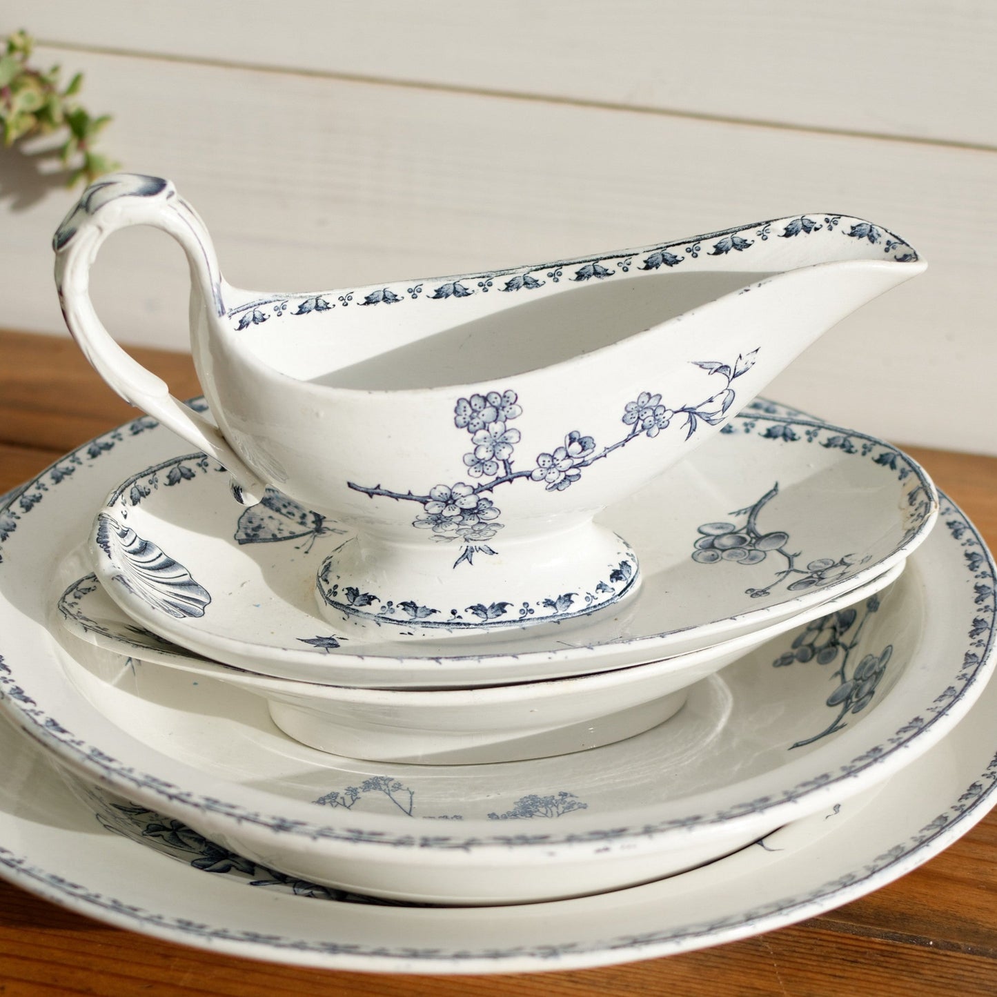 French Ironstone Blue Transferware Gravy Boat Sauciere Carmen Sarreguemines Terre de Fer