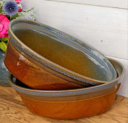 French Vintage Glazed Ceramic Stoneware Oval Casserole Dish CEMIPORT Enameled Sandstone Gratin Pan