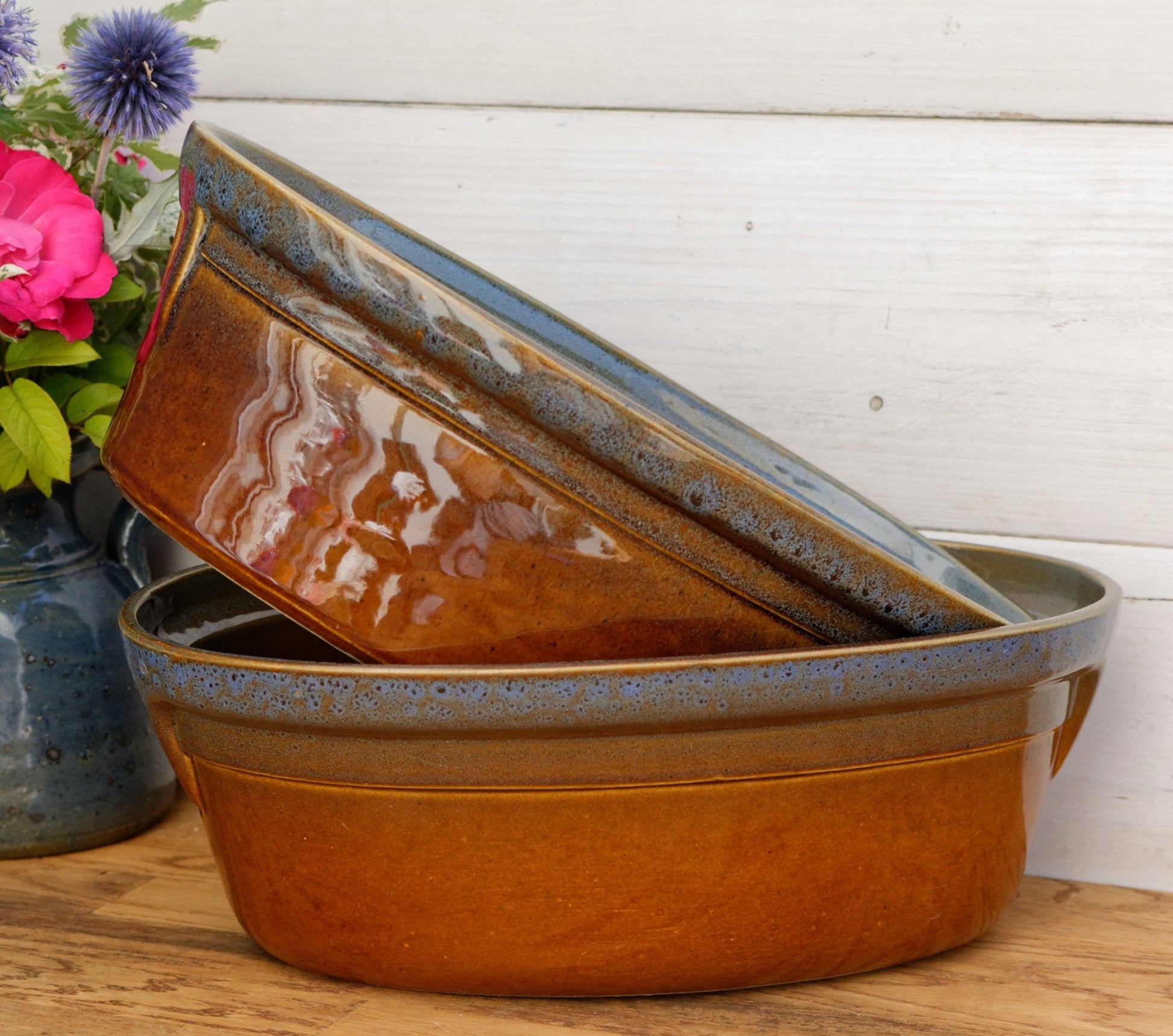 French Vintage Glazed Ceramic Stoneware Oval Casserole Dish CEMIPORT Enameled Sandstone Gratin Pan