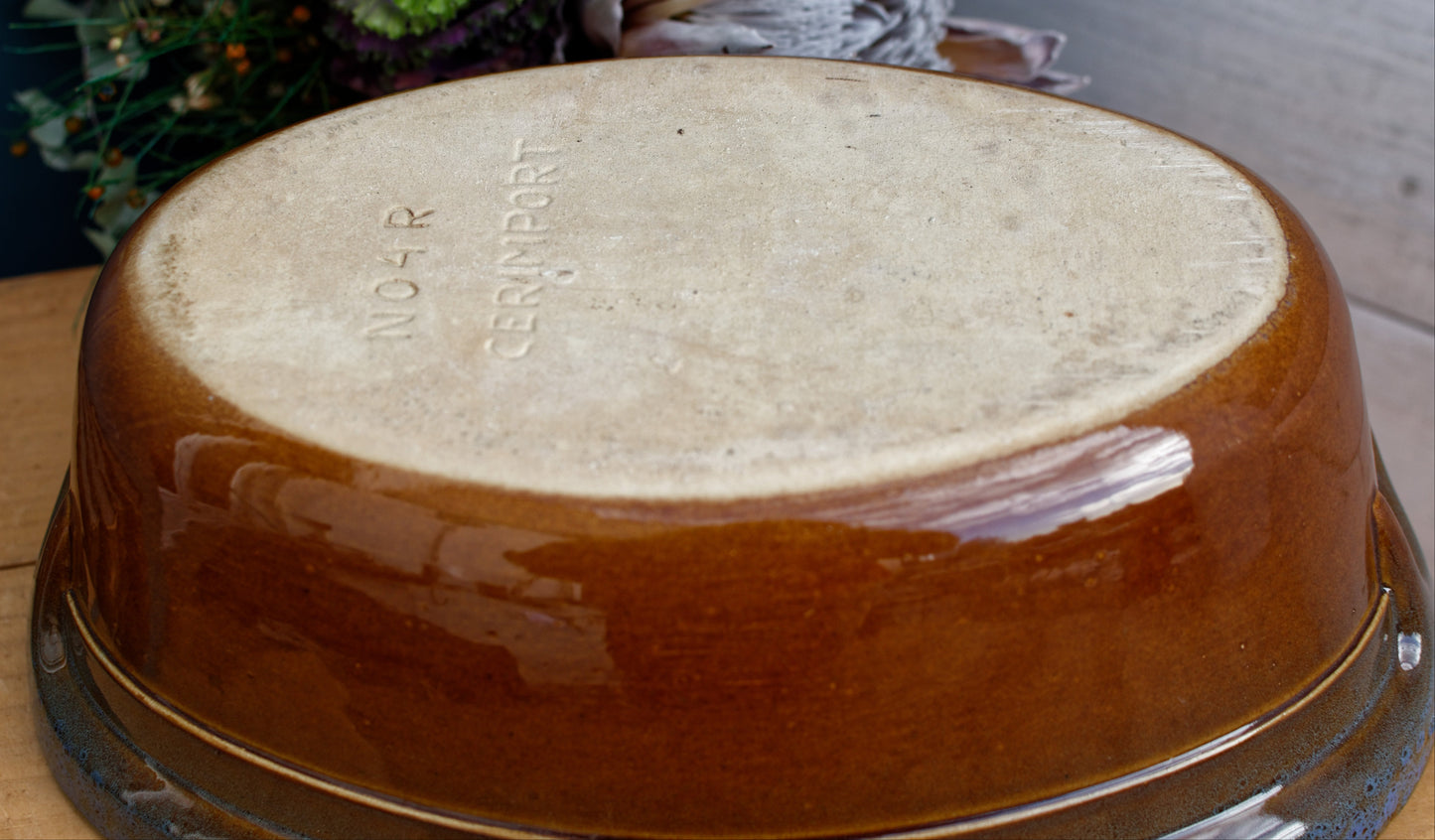 French Vintage Glazed Ceramic Stoneware Oval Casserole Dish CEMIPORT Enameled Sandstone Gratin Pan