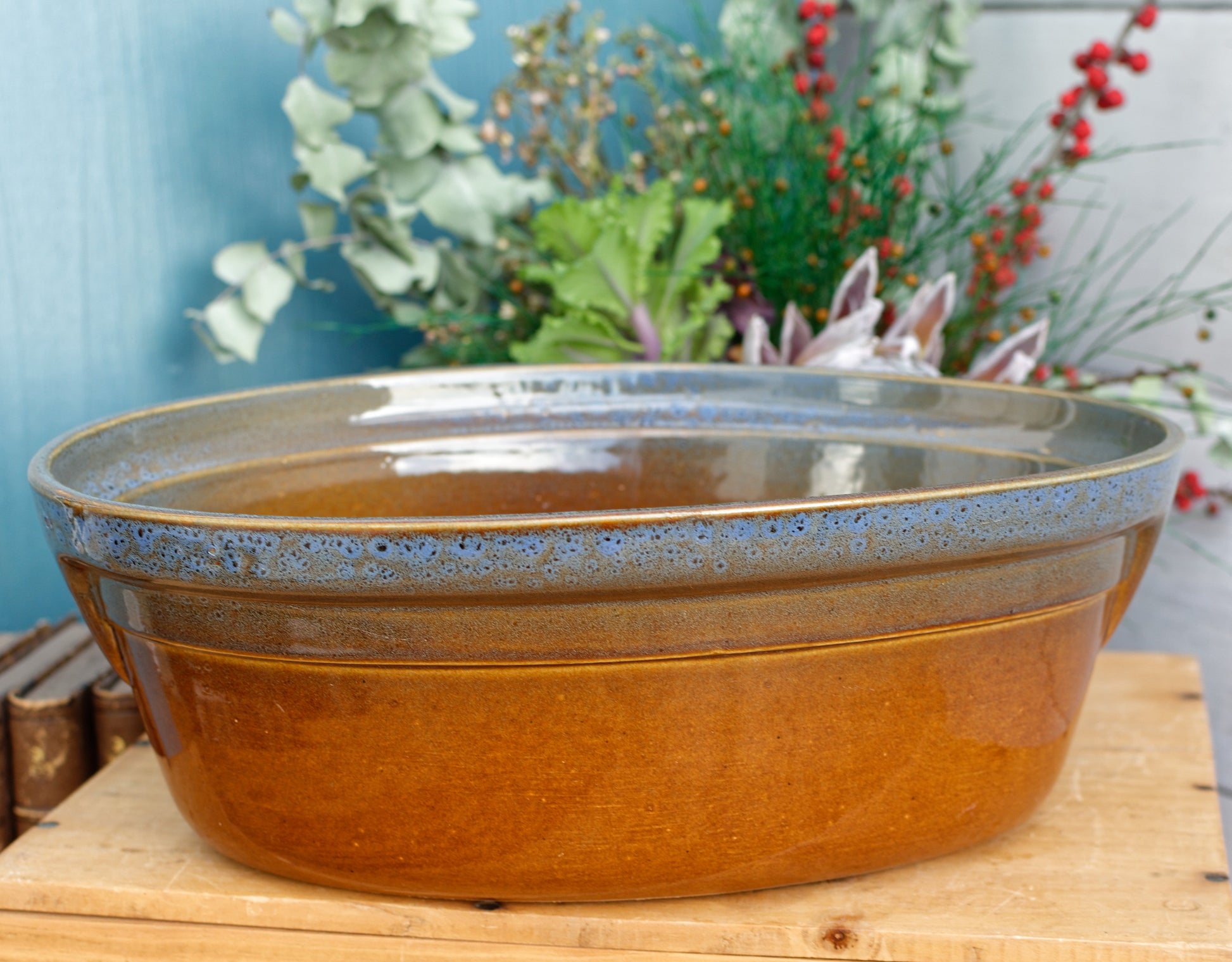 French Vintage Glazed Ceramic Stoneware Oval Casserole Dish CEMIPORT Enameled Sandstone Gratin Pan