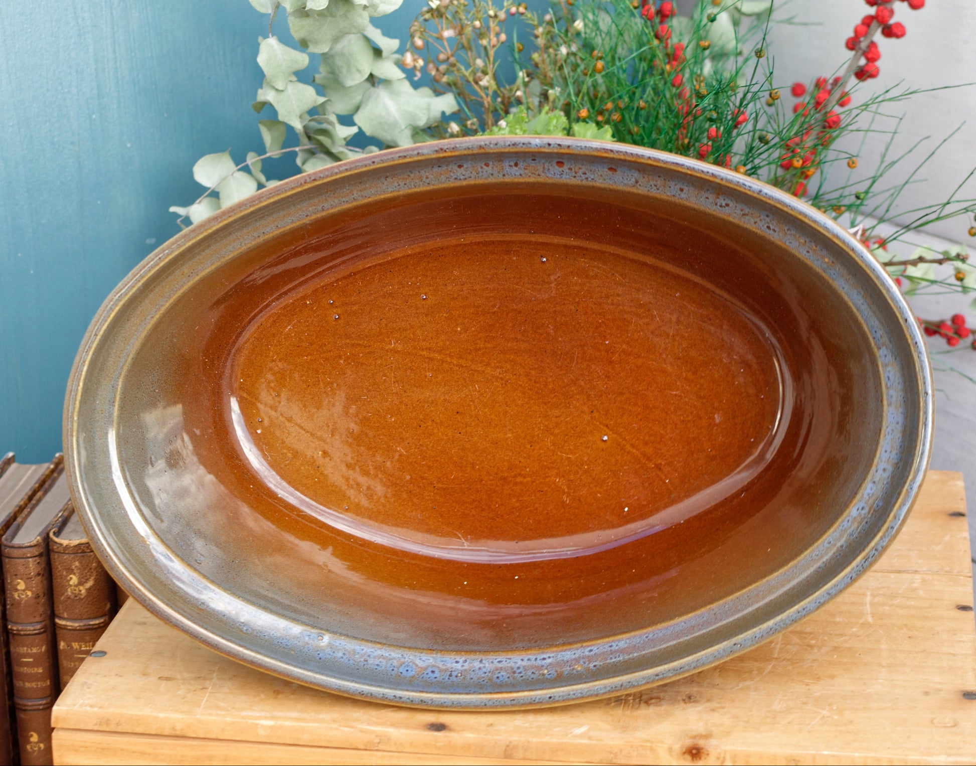 French Vintage Glazed Ceramic Stoneware Oval Casserole Dish CEMIPORT Enameled Sandstone Gratin Pan