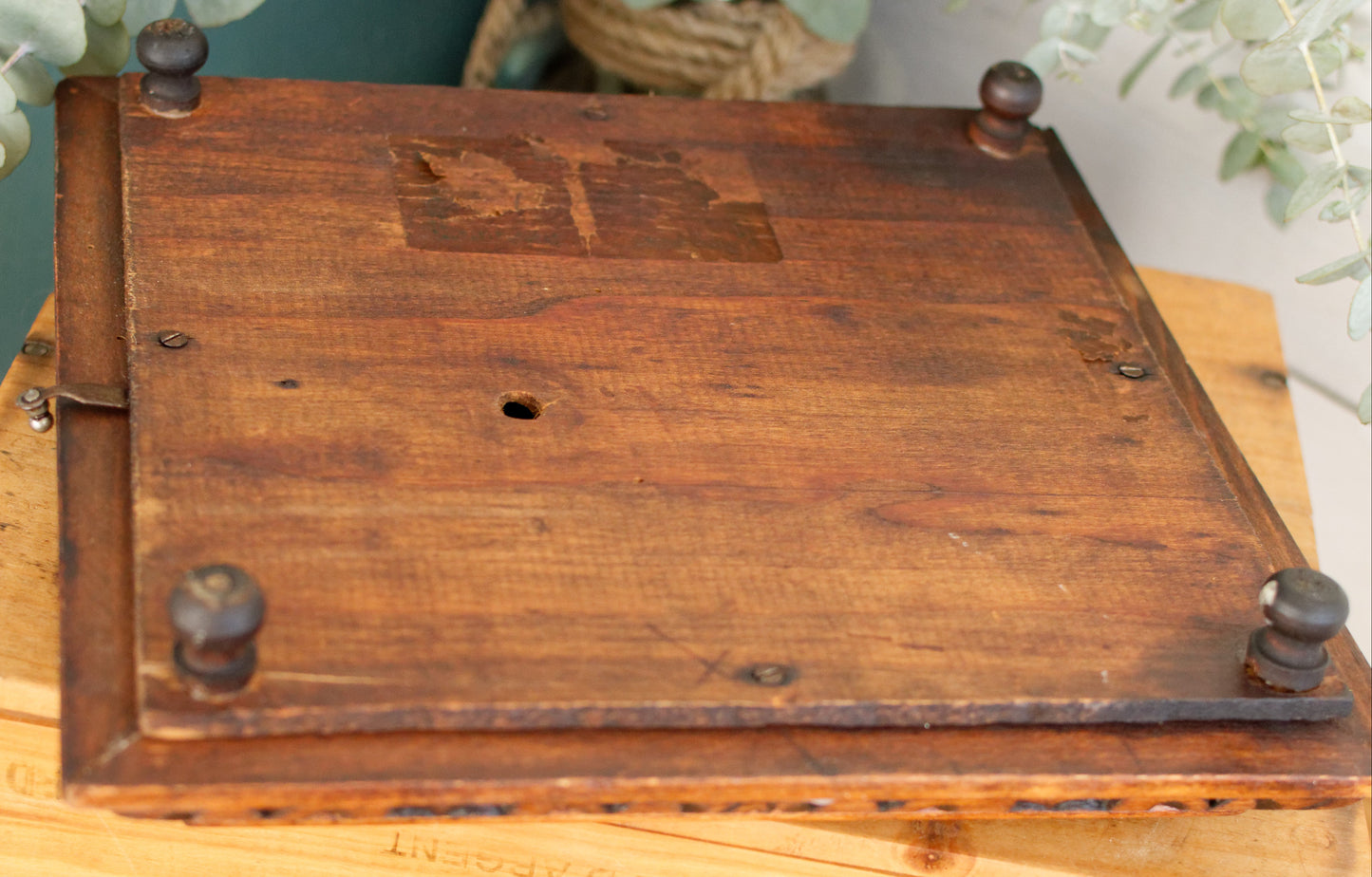1920s French Antique Ceramic Tile Trivet Hot Plate with Hand-Carved Footed Wooden Base "Trépied Dessous de Plat en Faience" former music box