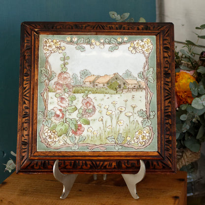 1920s French Antique Ceramic Tile Trivet Hot Plate with Hand-Carved Footed Wooden Base "Trépied Dessous de Plat en Faience" former music box