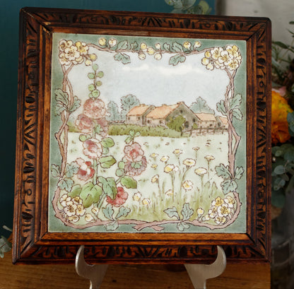 1920s French Antique Ceramic Tile Trivet Hot Plate with Hand-Carved Footed Wooden Base "Trépied Dessous de Plat en Faience" former music box