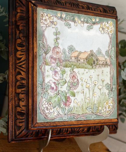 1920s French Antique Ceramic Tile Trivet Hot Plate with Hand-Carved Footed Wooden Base "Trépied Dessous de Plat en Faience" former music box