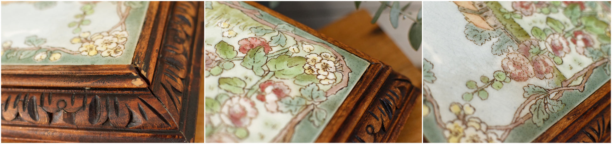 1920s French Antique Ceramic Tile Trivet Hot Plate with Hand-Carved Footed Wooden Base "Trépied Dessous de Plat en Faience" former music box