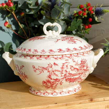 1890s ~ "CHARDONS" Porcelaine Opaque de GIEN ~ French Antique Ironstone Red Transferware Soup Tureen "Soupiere" ~ Terre de Fer