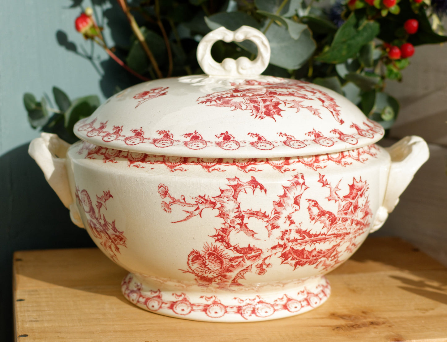 1890s ~ "CHARDONS" Porcelaine Opaque de GIEN ~ French Antique Ironstone Red Transferware Soup Tureen "Soupiere" ~ Terre de Fer