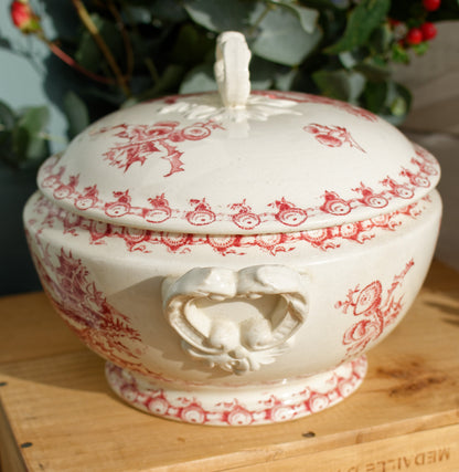 1890s ~ "CHARDONS" Porcelaine Opaque de GIEN ~ French Antique Ironstone Red Transferware Soup Tureen "Soupiere" ~ Terre de Fer