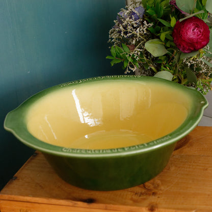 Français vintage « Charcuterie de Porc Fermier/L’Ancienne » Plat de cocotte ovale en grès céramique émaillé ~ Poêle à gratin en grès émaillé