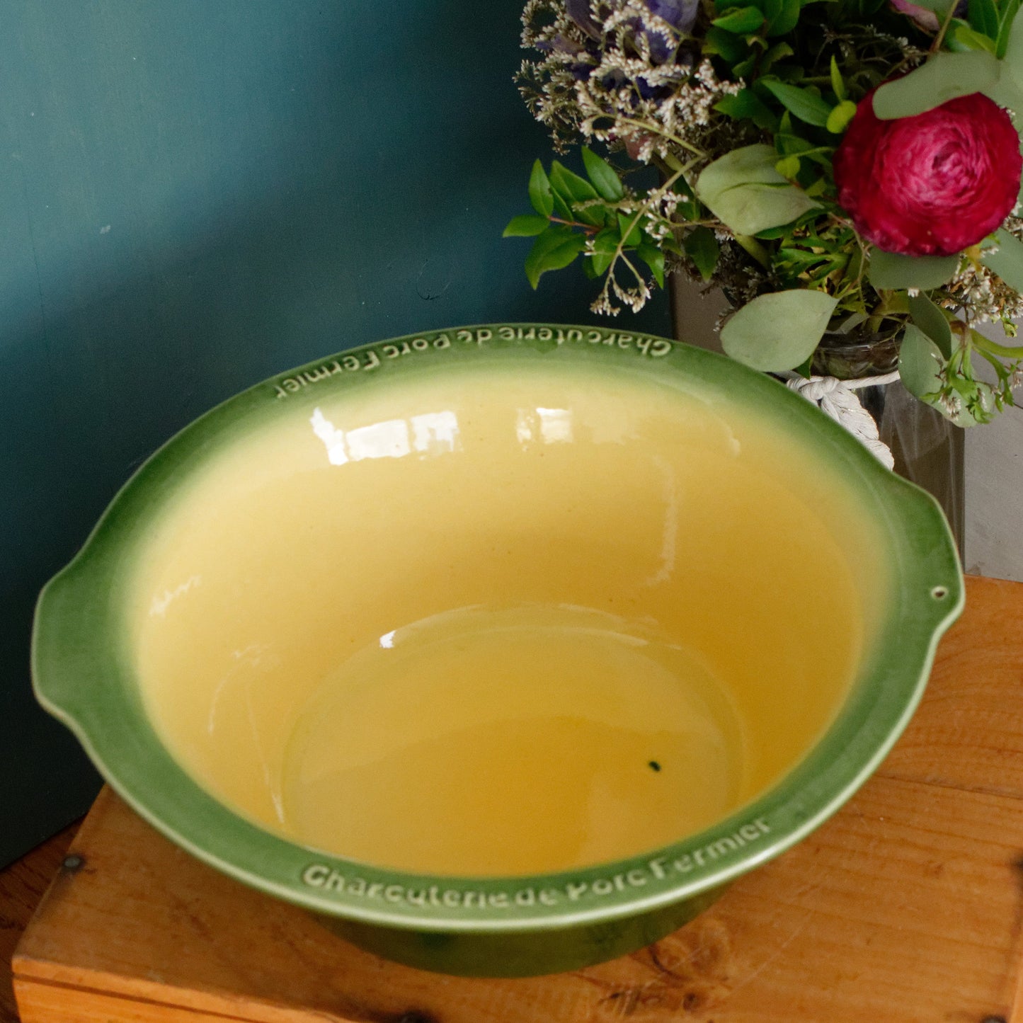 Français vintage « Charcuterie de Porc Fermier/L’Ancienne » Plat de cocotte ovale en grès céramique émaillé ~ Poêle à gratin en grès émaillé